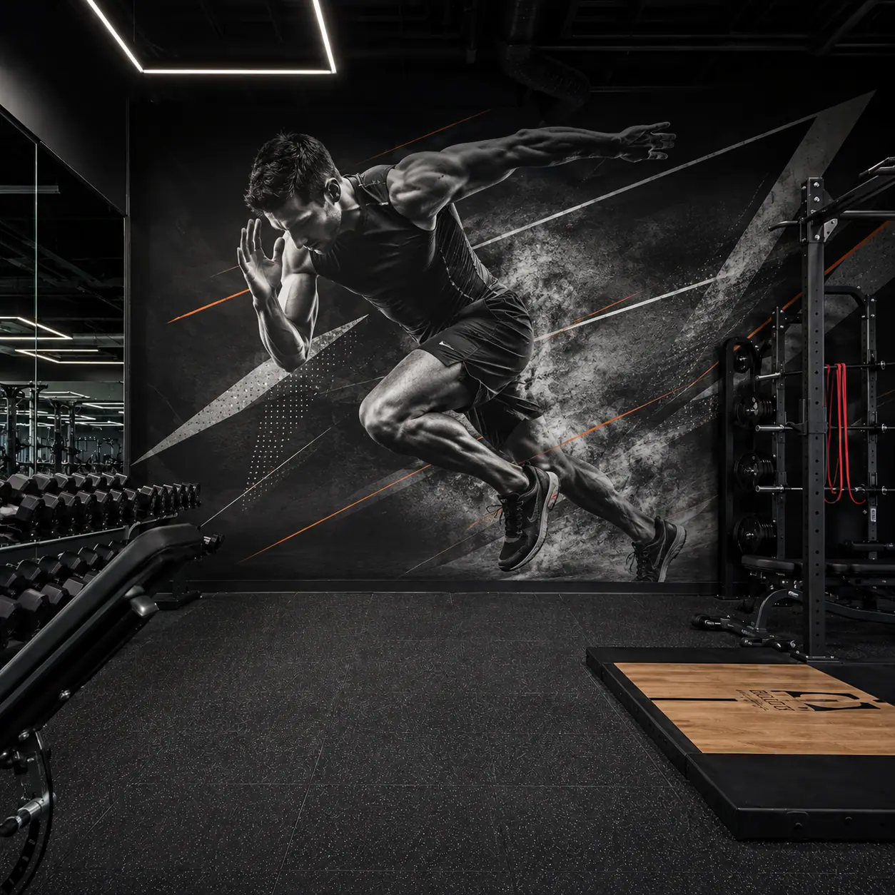 Dramatic athlete artwork printed across a gym interior wall